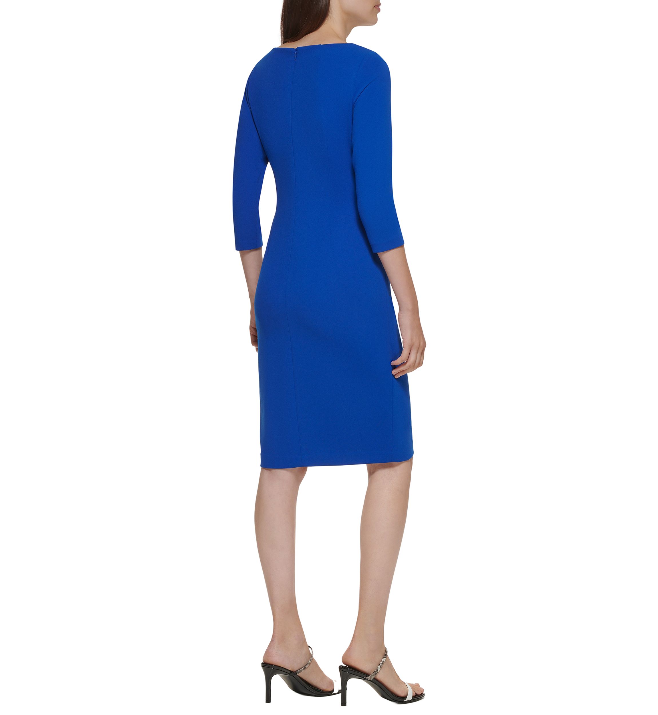 Womens 3/4 Sleeve Drape Neck Slit Trim Solid Sheath Dress