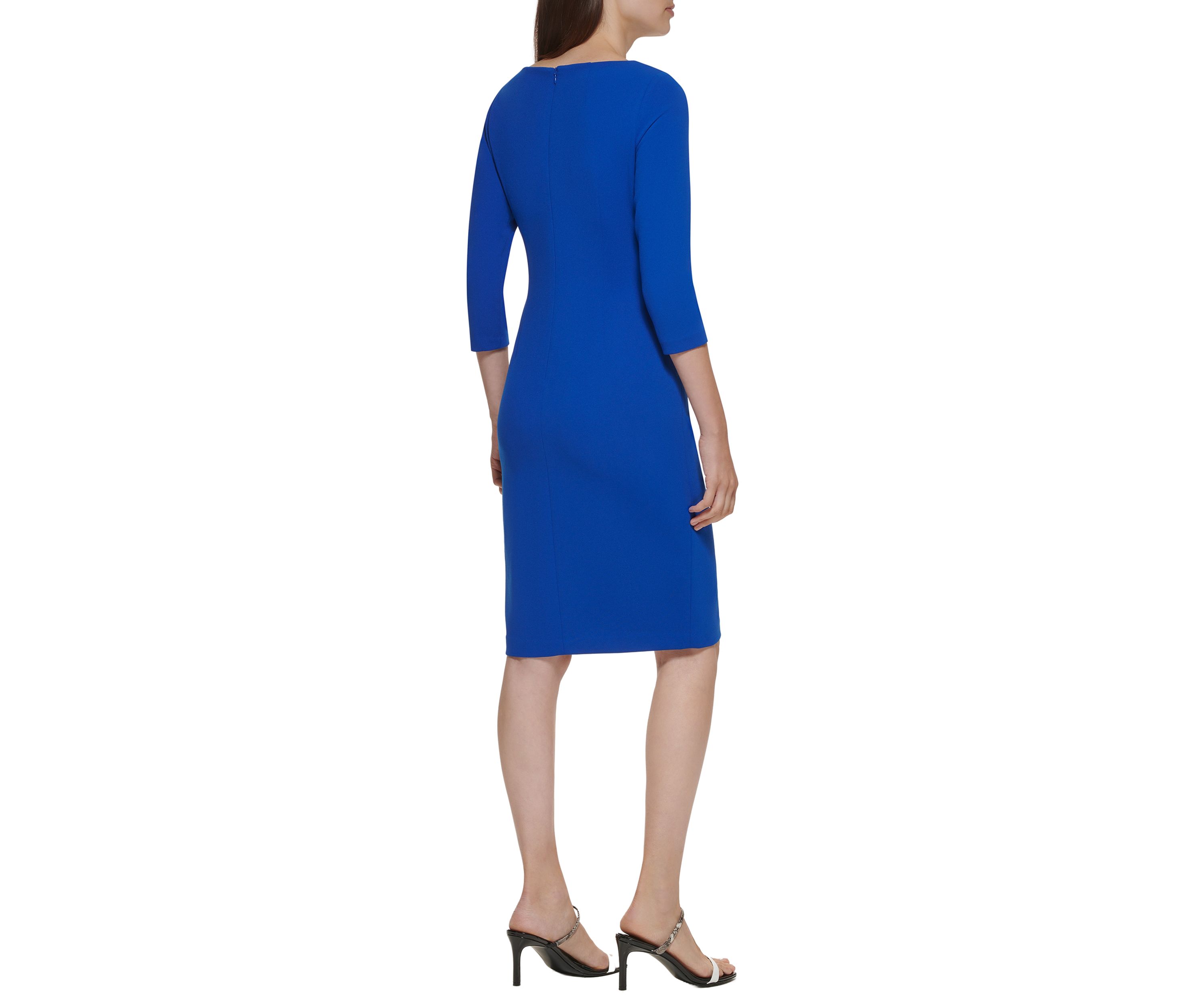 Womens 3/4 Sleeve Drape Neck Slit Trim Solid Sheath Dress