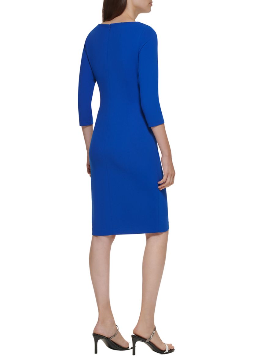 Womens 3/4 Sleeve Drape Neck Slit Trim Solid Sheath Dress