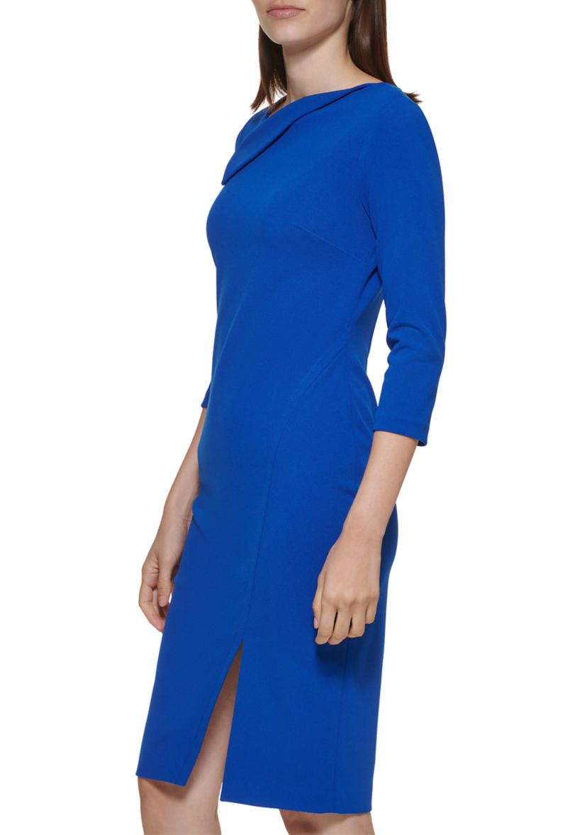 Womens 3/4 Sleeve Drape Neck Slit Trim Solid Sheath Dress