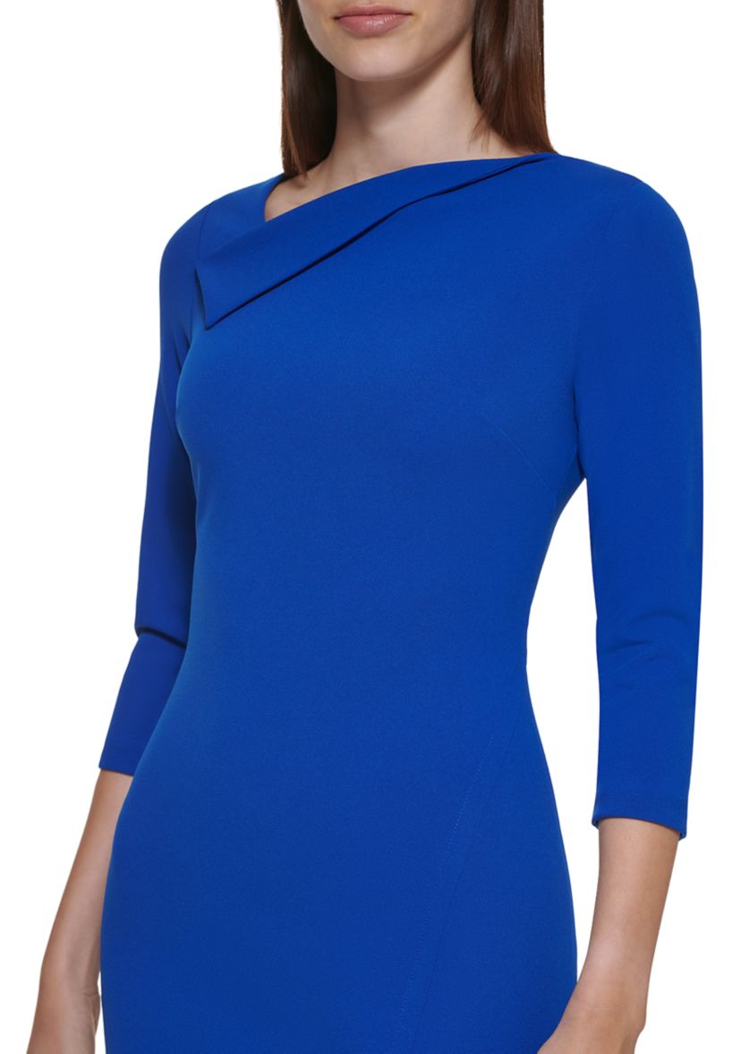 Womens 3/4 Sleeve Drape Neck Slit Trim Solid Sheath Dress