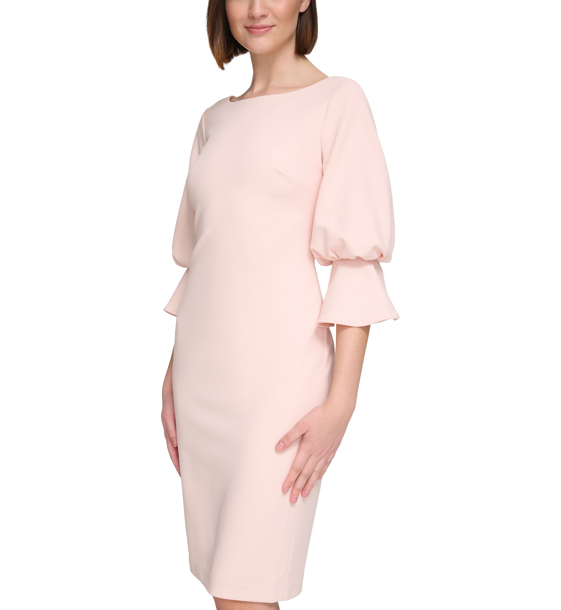 Womens Puff Sleeve Solid Sheath Dress