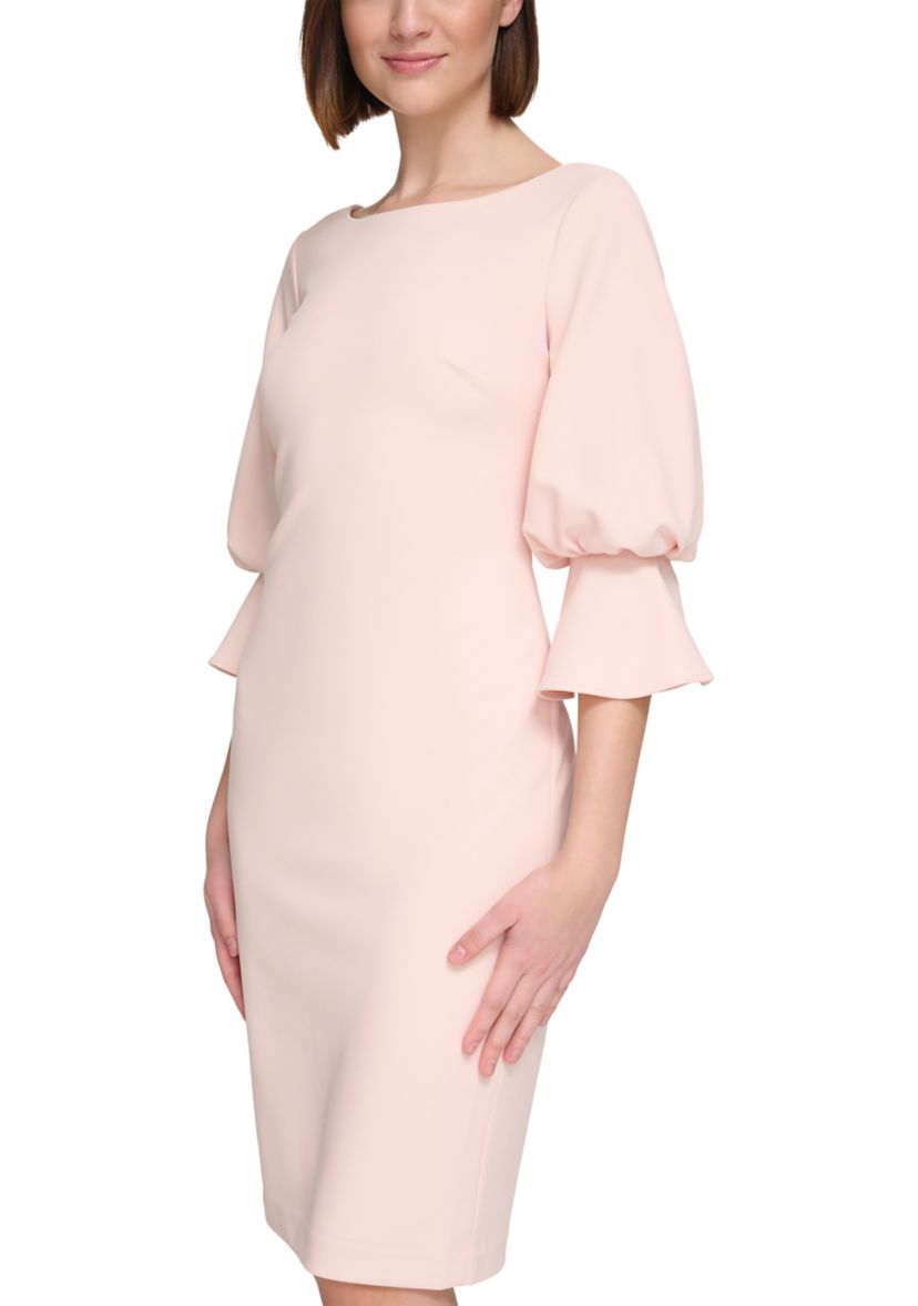 Womens Puff Sleeve Solid Sheath Dress