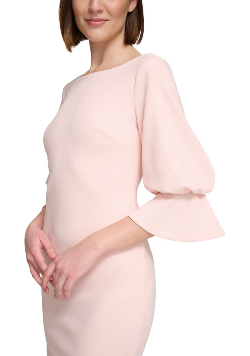 Womens Puff Sleeve Solid Sheath Dress