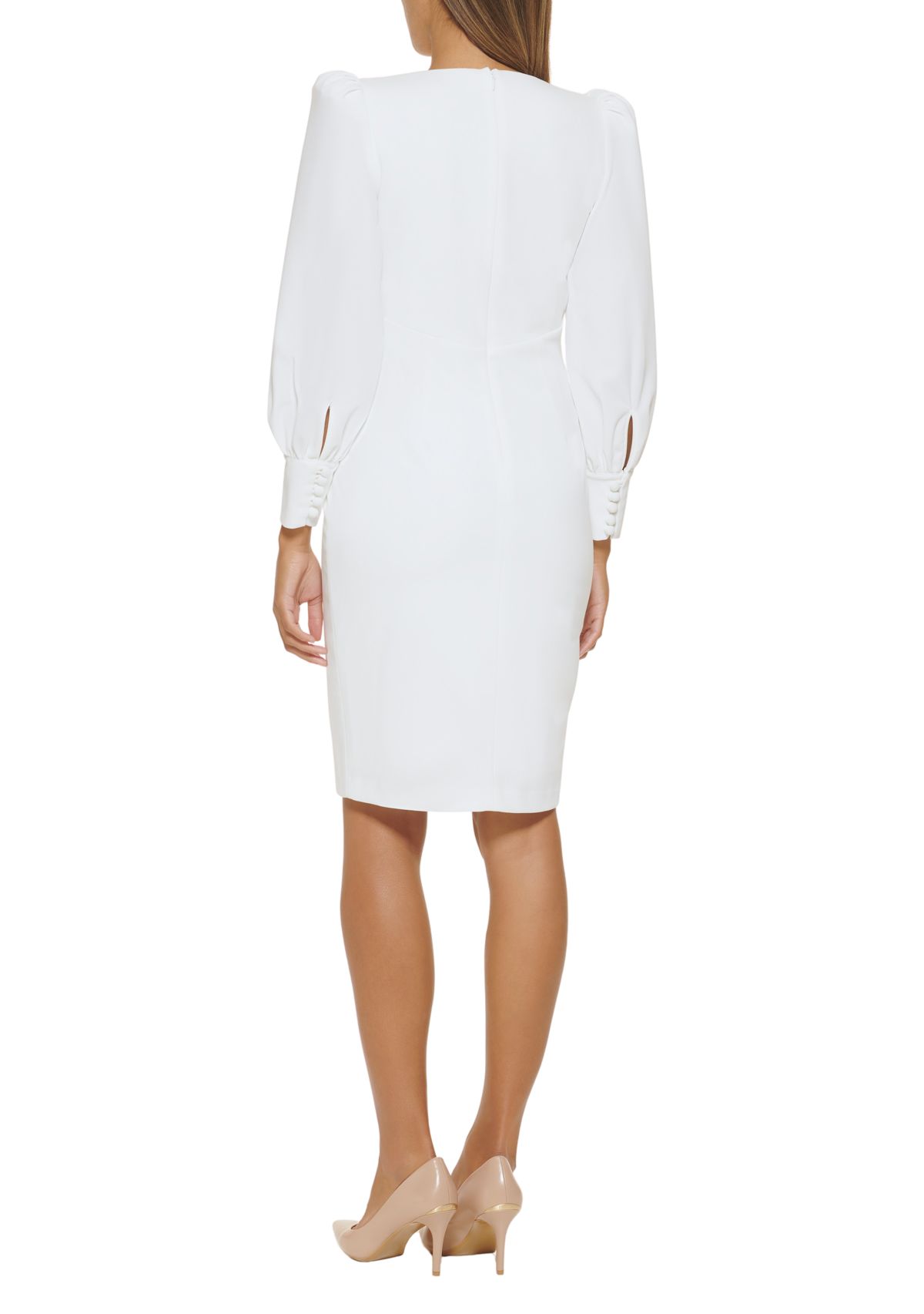 Womens Long Sleeve V-Neck Puff Sleeve Solid Sheath Dress