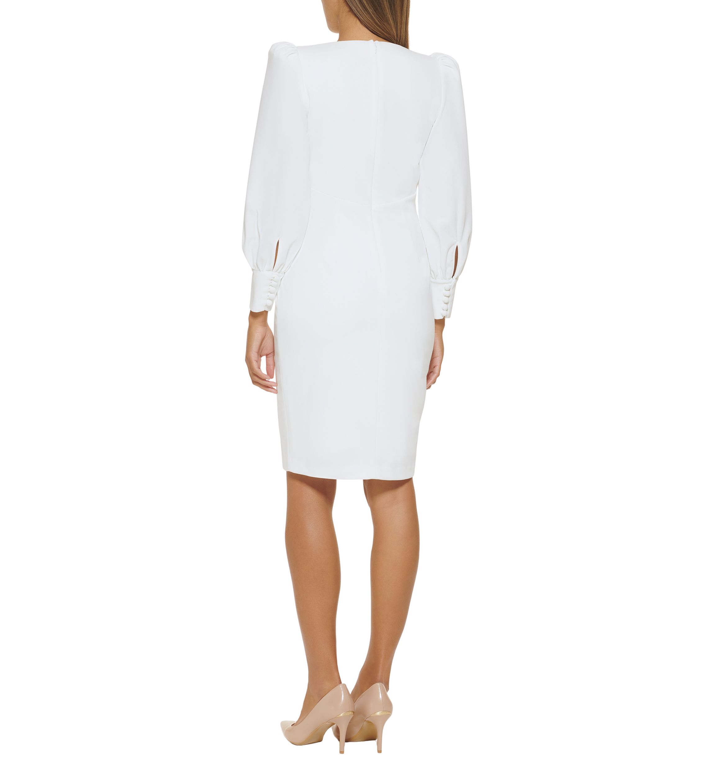 Womens Long Sleeve V-Neck Puff Sleeve Solid Sheath Dress