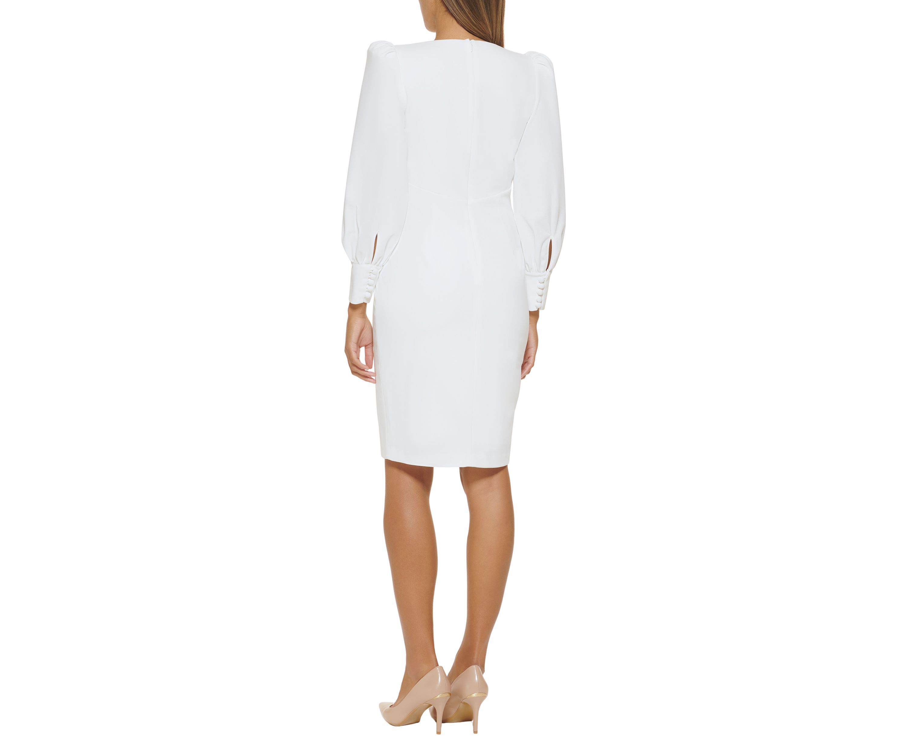 Womens Long Sleeve V-Neck Puff Sleeve Solid Sheath Dress