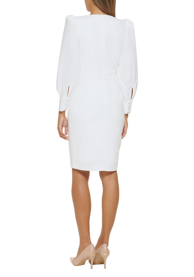 Womens Long Sleeve V-Neck Puff Sleeve Solid Sheath Dress