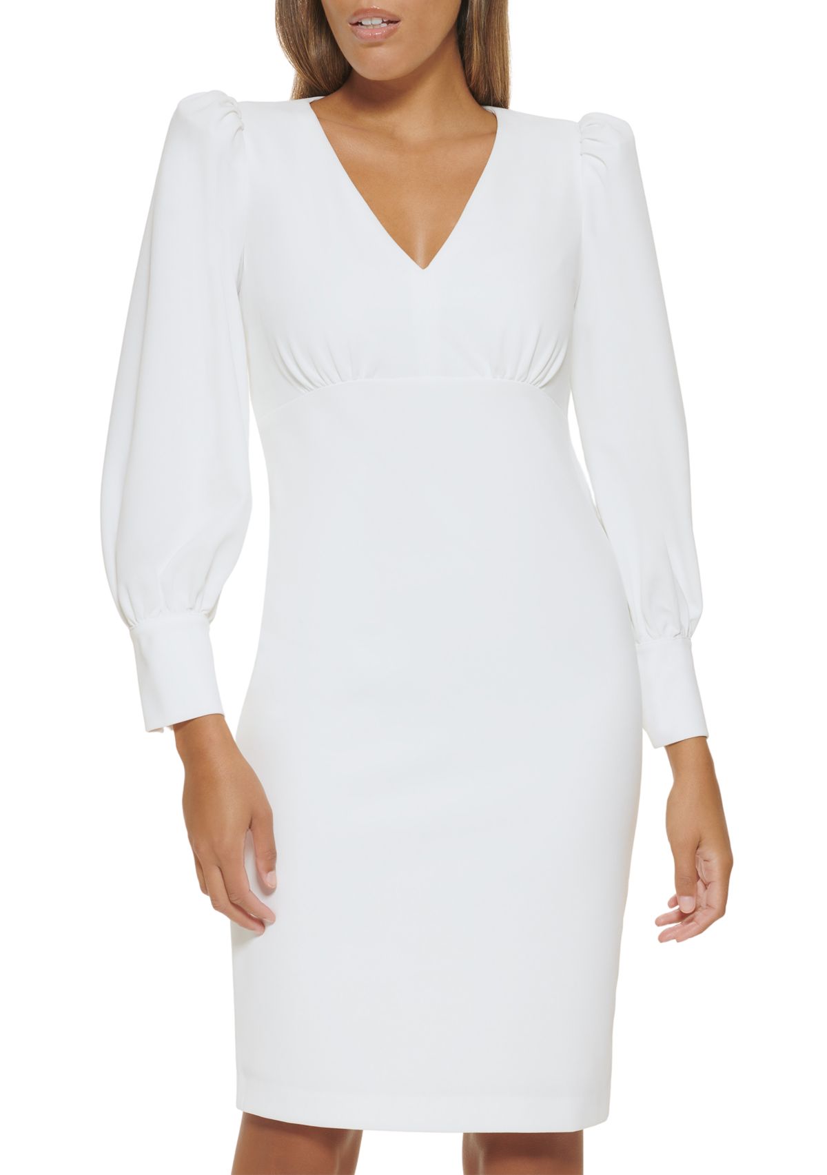 Womens Long Sleeve V-Neck Puff Sleeve Solid Sheath Dress