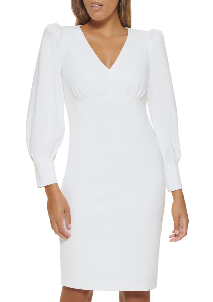 Womens Long Sleeve V-Neck Puff Sleeve Solid Sheath Dress