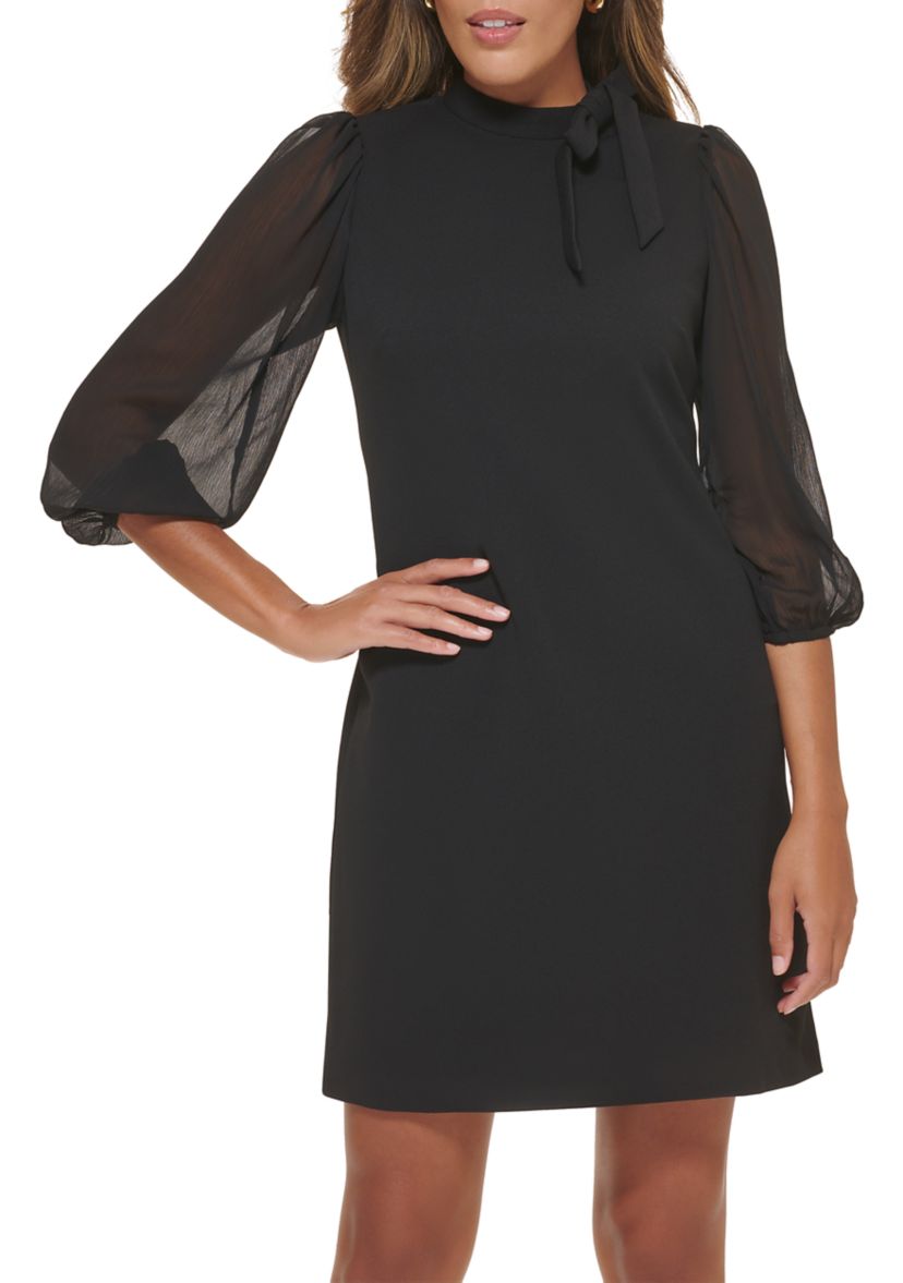 Womens 3/4 Sleeve Tie Neck Puff Sleeve Solid A-Line Dress