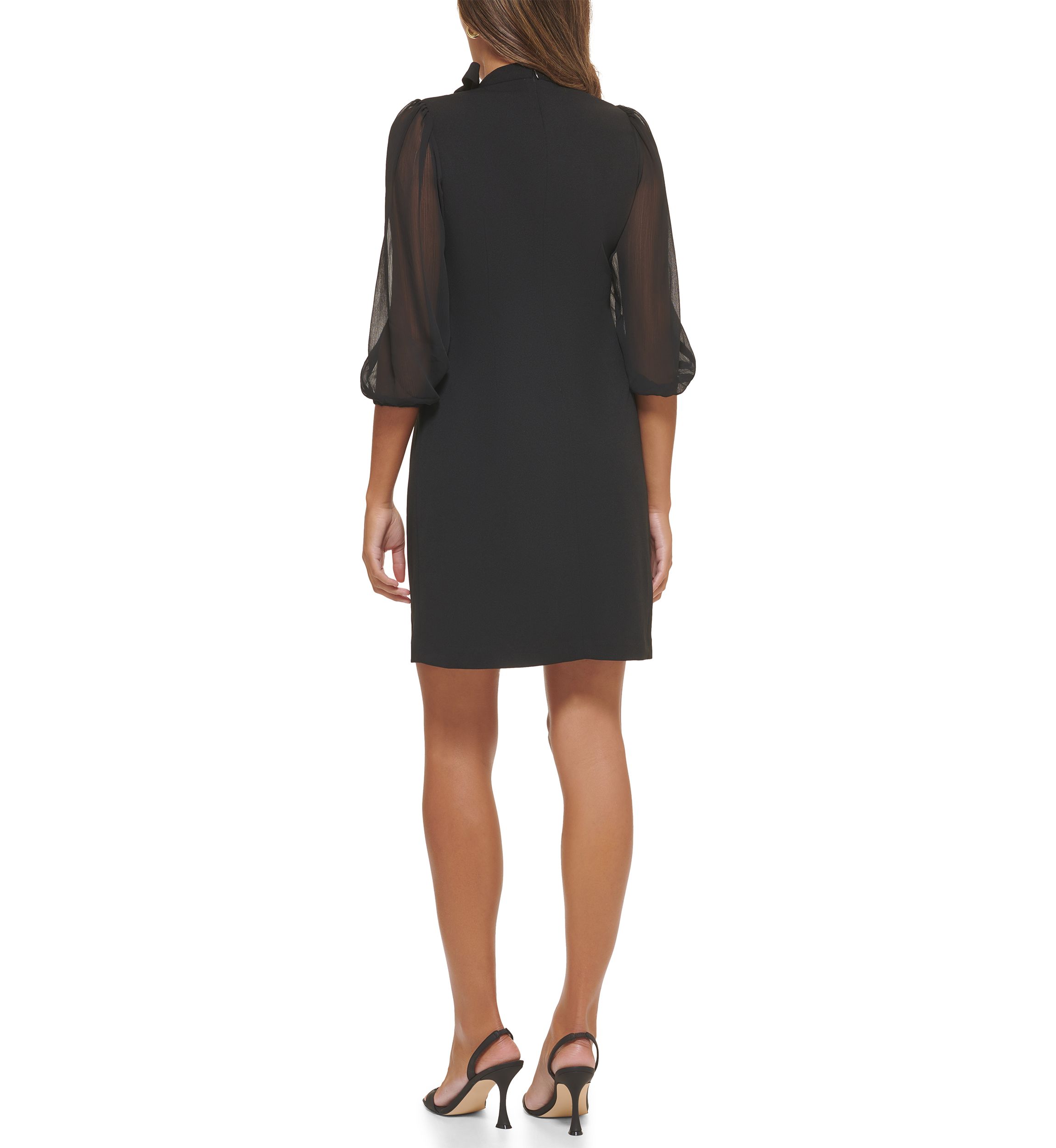 Womens 3/4 Sleeve Tie Neck Puff Sleeve Solid A-Line Dress