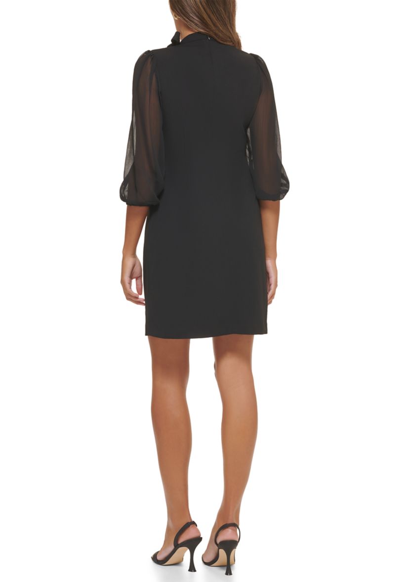 Womens 3/4 Sleeve Tie Neck Puff Sleeve Solid A-Line Dress