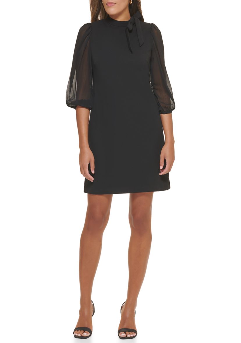 Womens 3/4 Sleeve Tie Neck Puff Sleeve Solid A-Line Dress