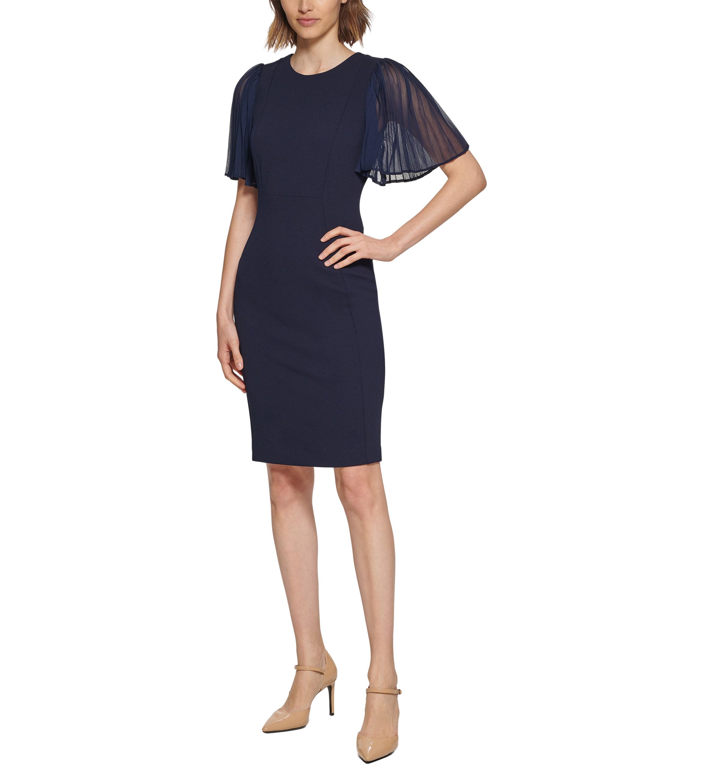 Womens Short Flare Sleeve Round Neck Solid Sheath Dress