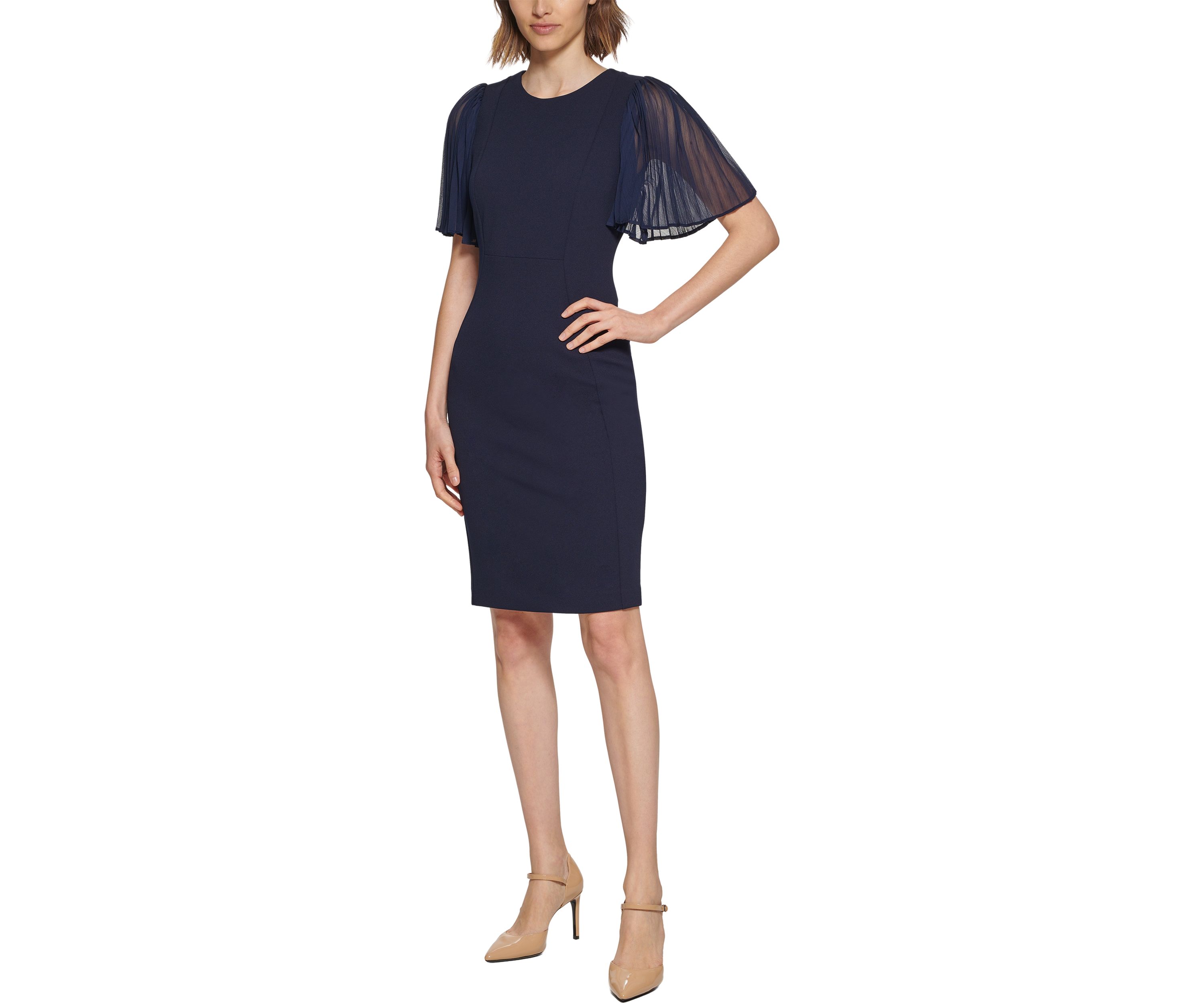 Womens Short Flare Sleeve Round Neck Solid Sheath Dress