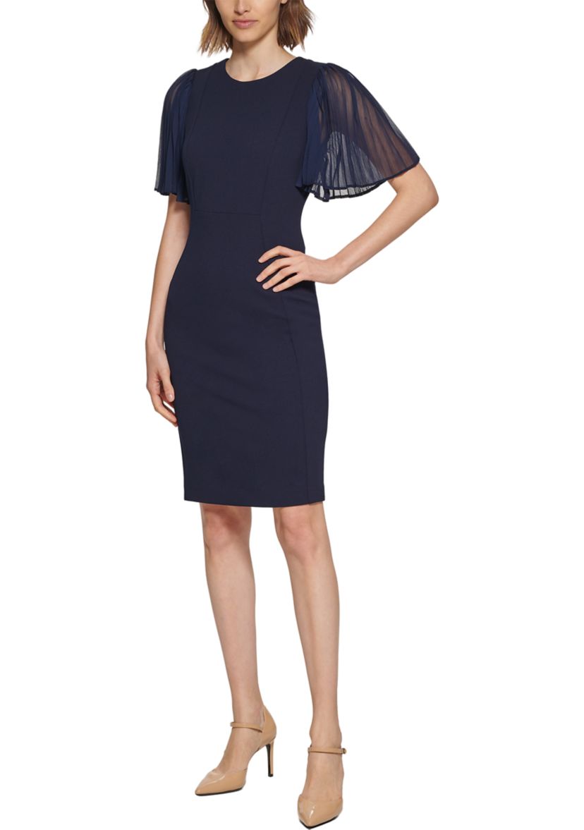 Womens Short Flare Sleeve Round Neck Solid Sheath Dress