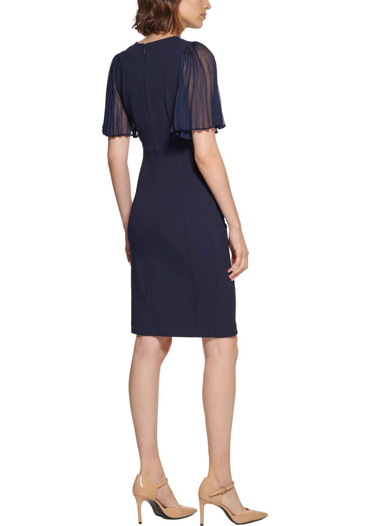 Womens Short Flare Sleeve Round Neck Solid Sheath Dress