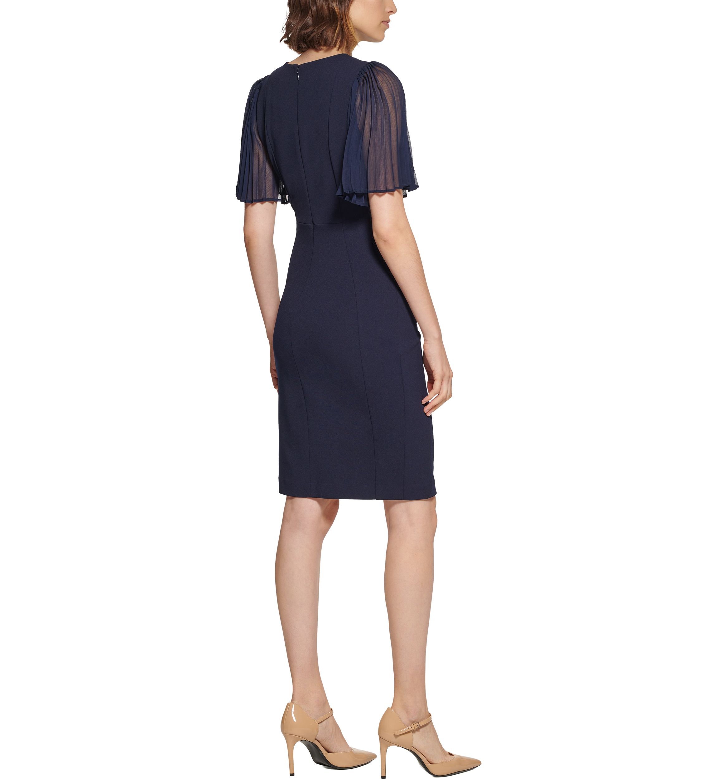 Womens Short Flare Sleeve Round Neck Solid Sheath Dress