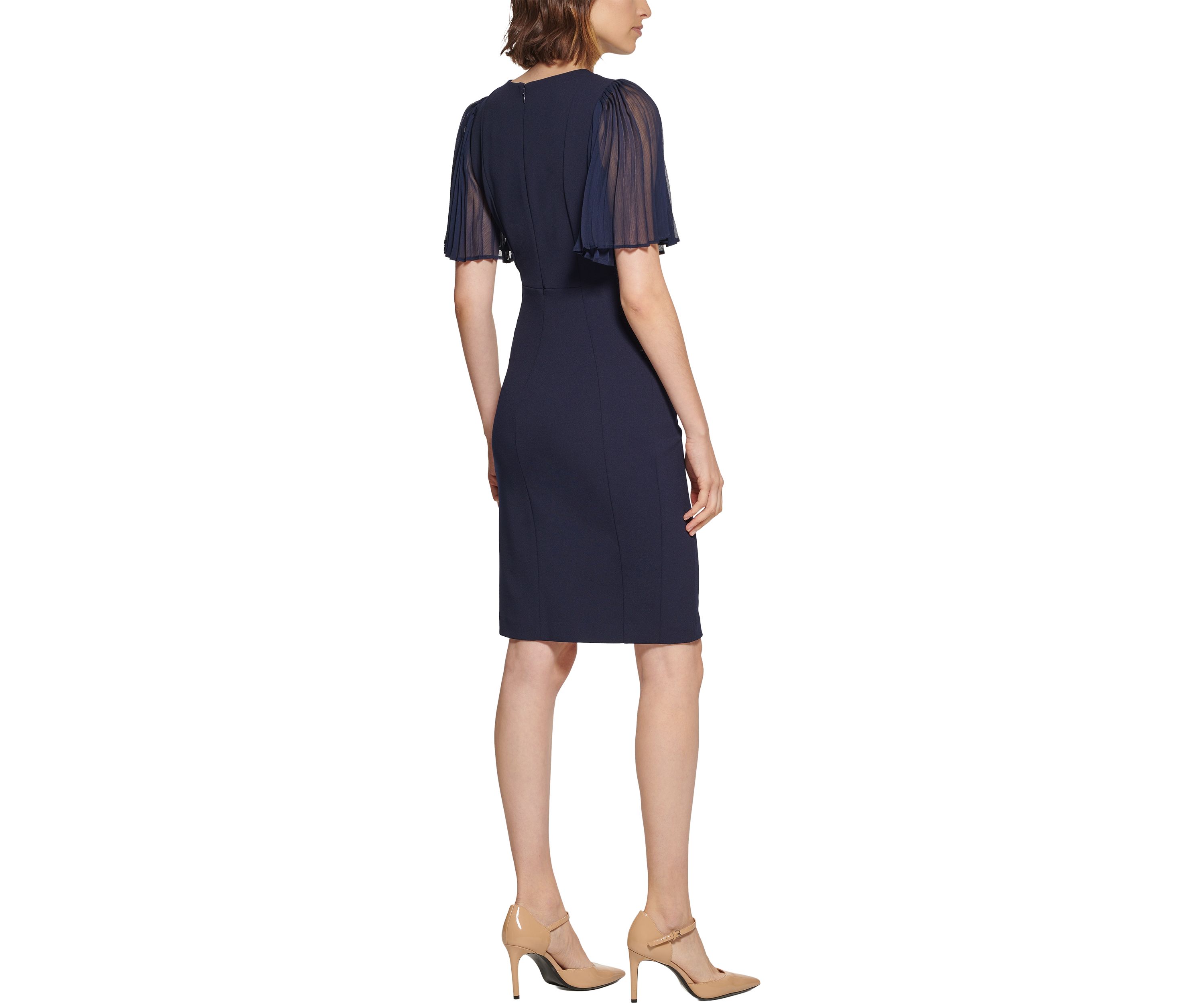 Womens Short Flare Sleeve Round Neck Solid Sheath Dress