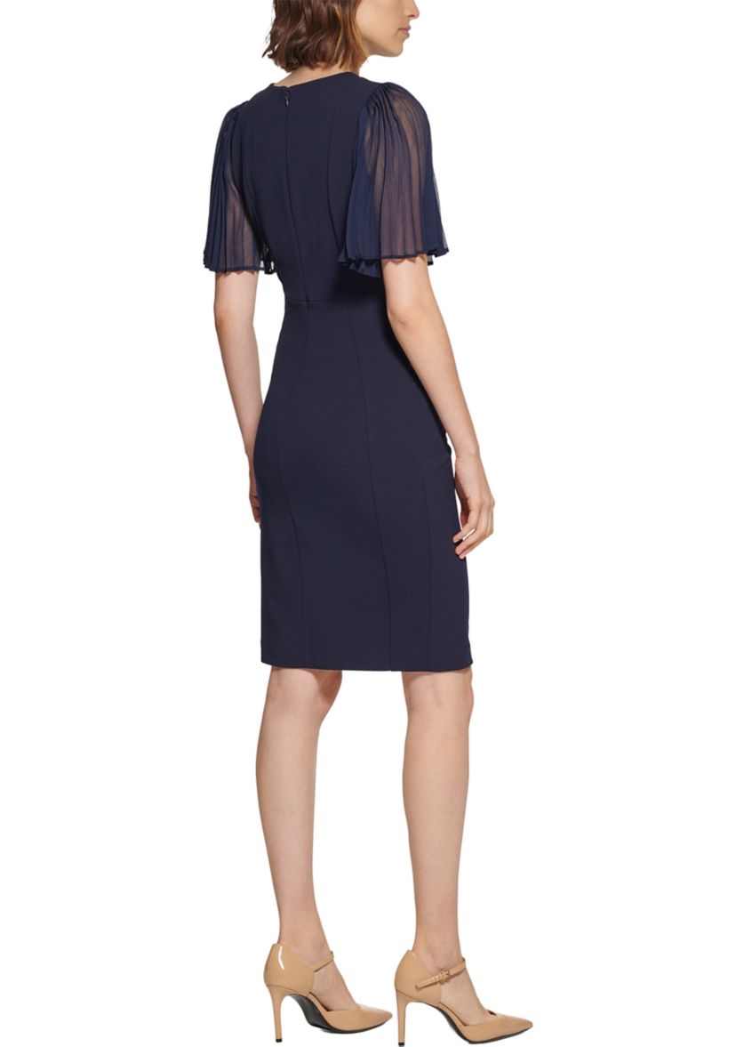 Womens Short Flare Sleeve Round Neck Solid Sheath Dress