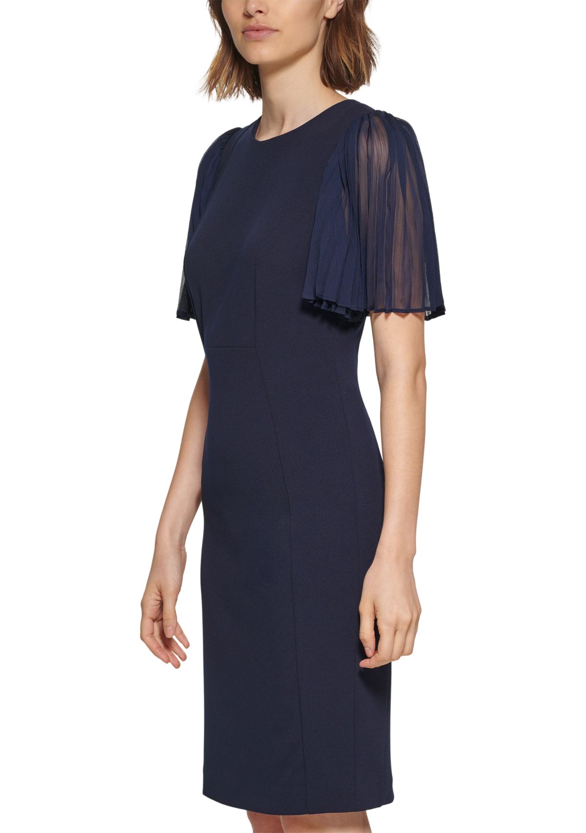 Womens Short Flare Sleeve Round Neck Solid Sheath Dress