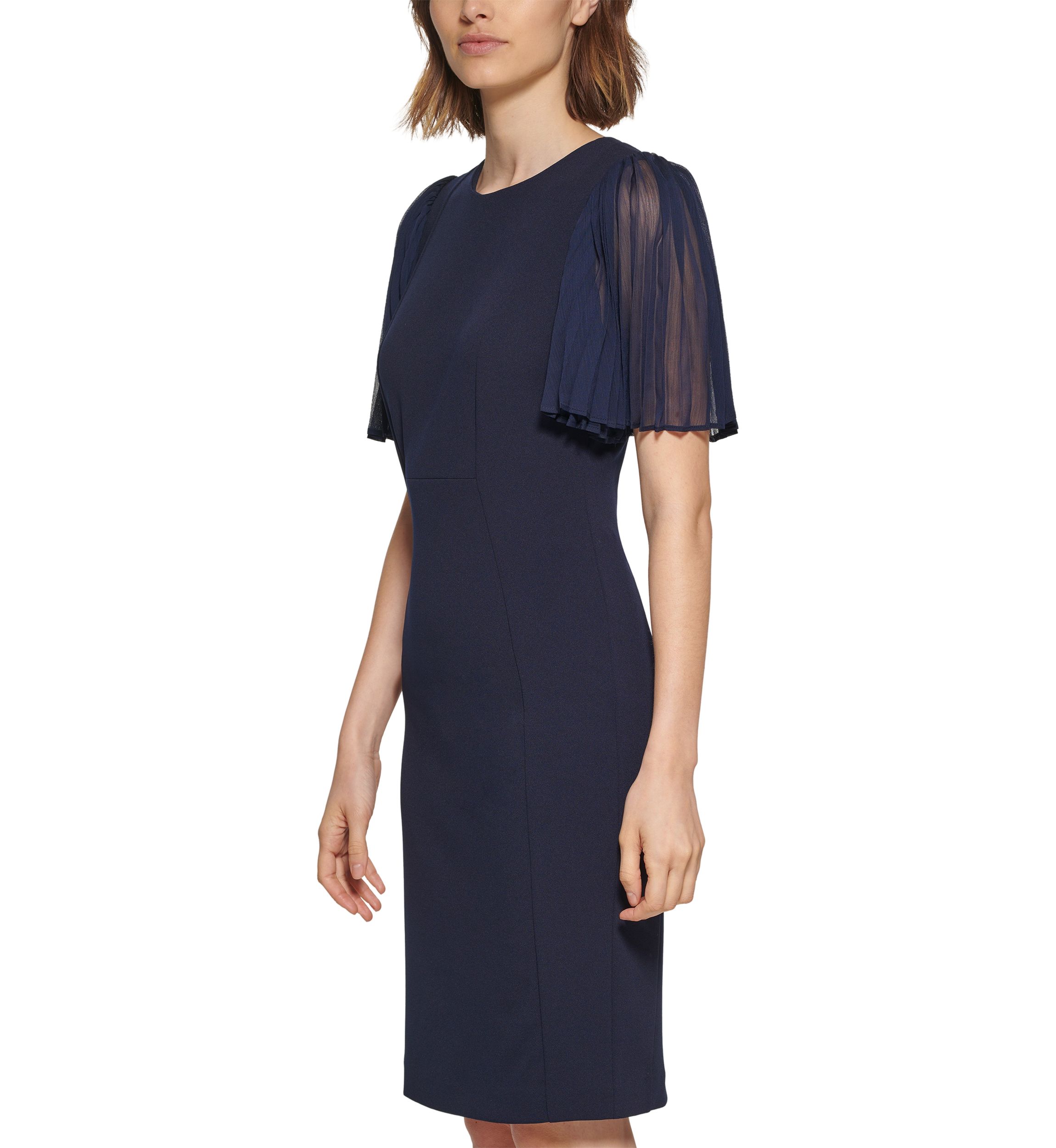 Womens Short Flare Sleeve Round Neck Solid Sheath Dress