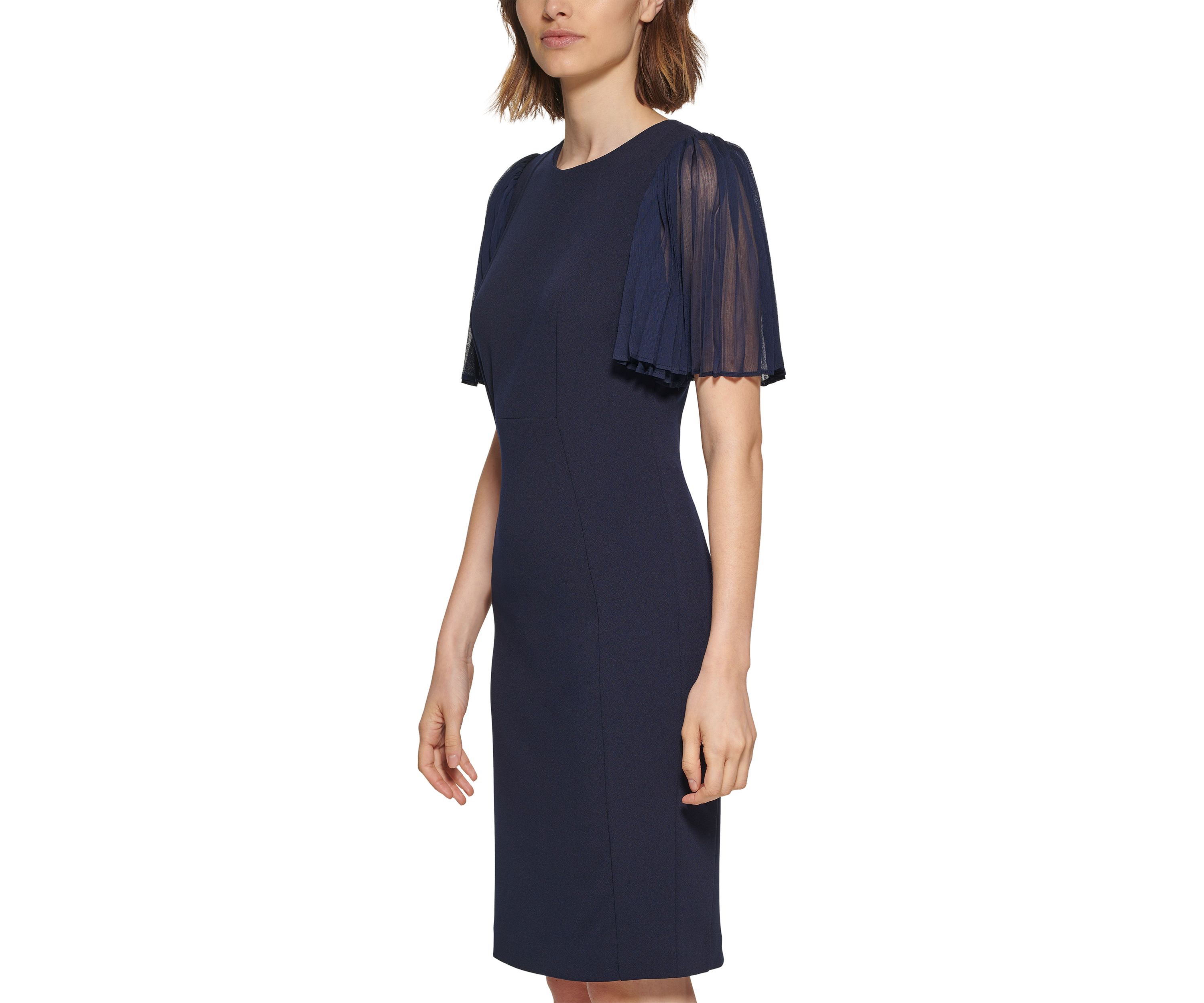 Womens Short Flare Sleeve Round Neck Solid Sheath Dress