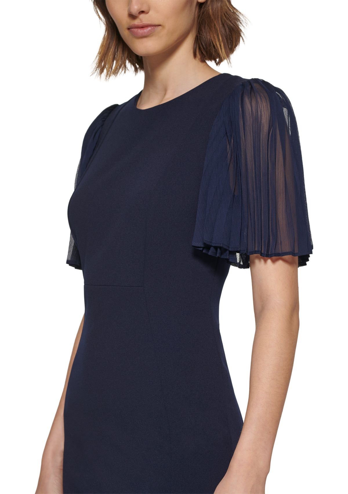 Womens Short Flare Sleeve Round Neck Solid Sheath Dress