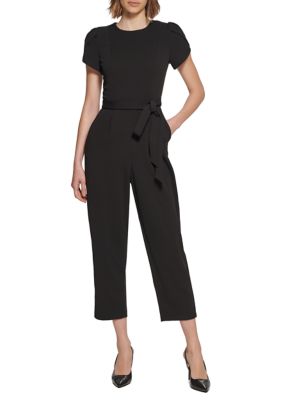 Women Work Jumpsuit Button V Neck Short Sleeve Belt Pockets Long Pants  Rompers