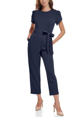 Calvin Klein Short Sleeve Crew Neck Tie Waist Scuba Crepe Jumpsuit