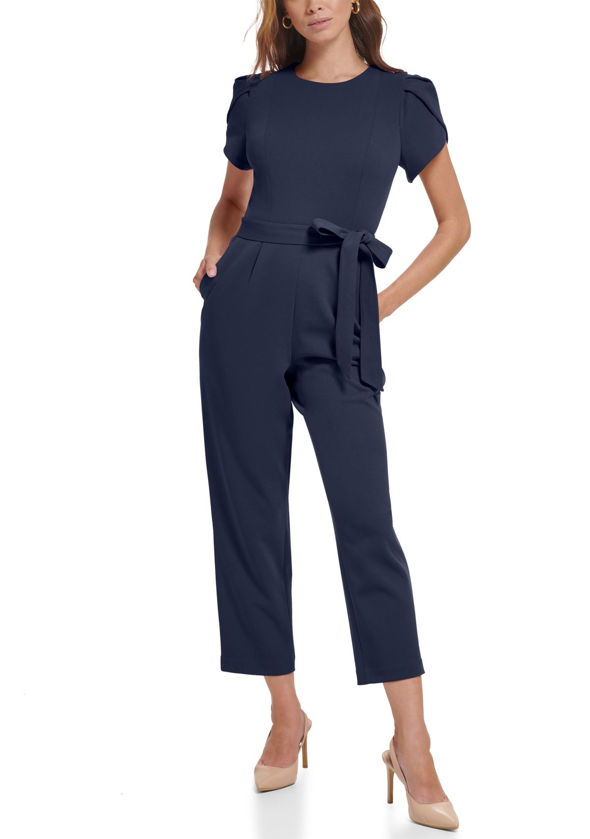 Womens Short Sleeve Boat Neck Tie Waist Solid Jumpsuit