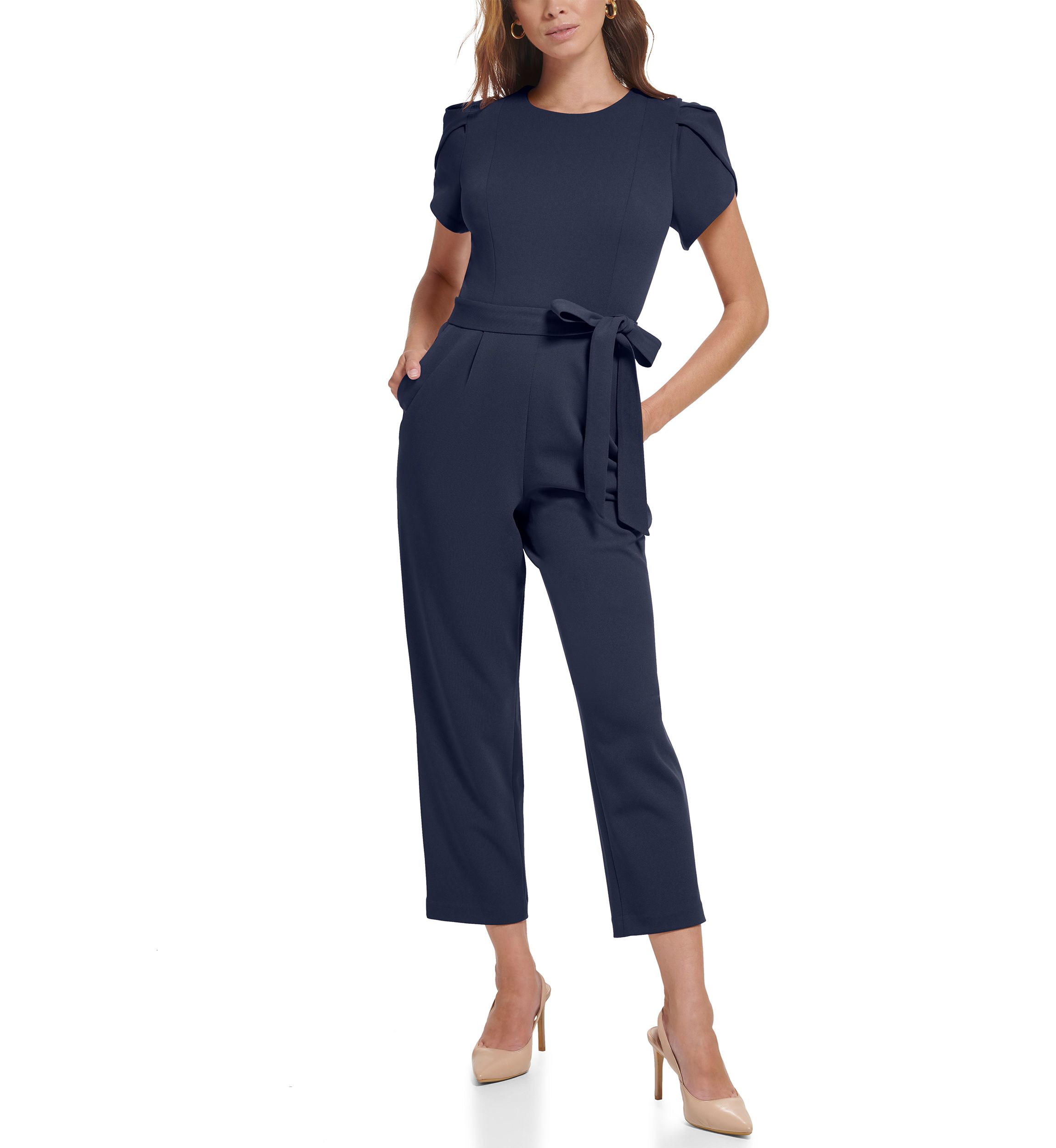 Womens Short Sleeve Boat Neck Tie Waist Solid Jumpsuit