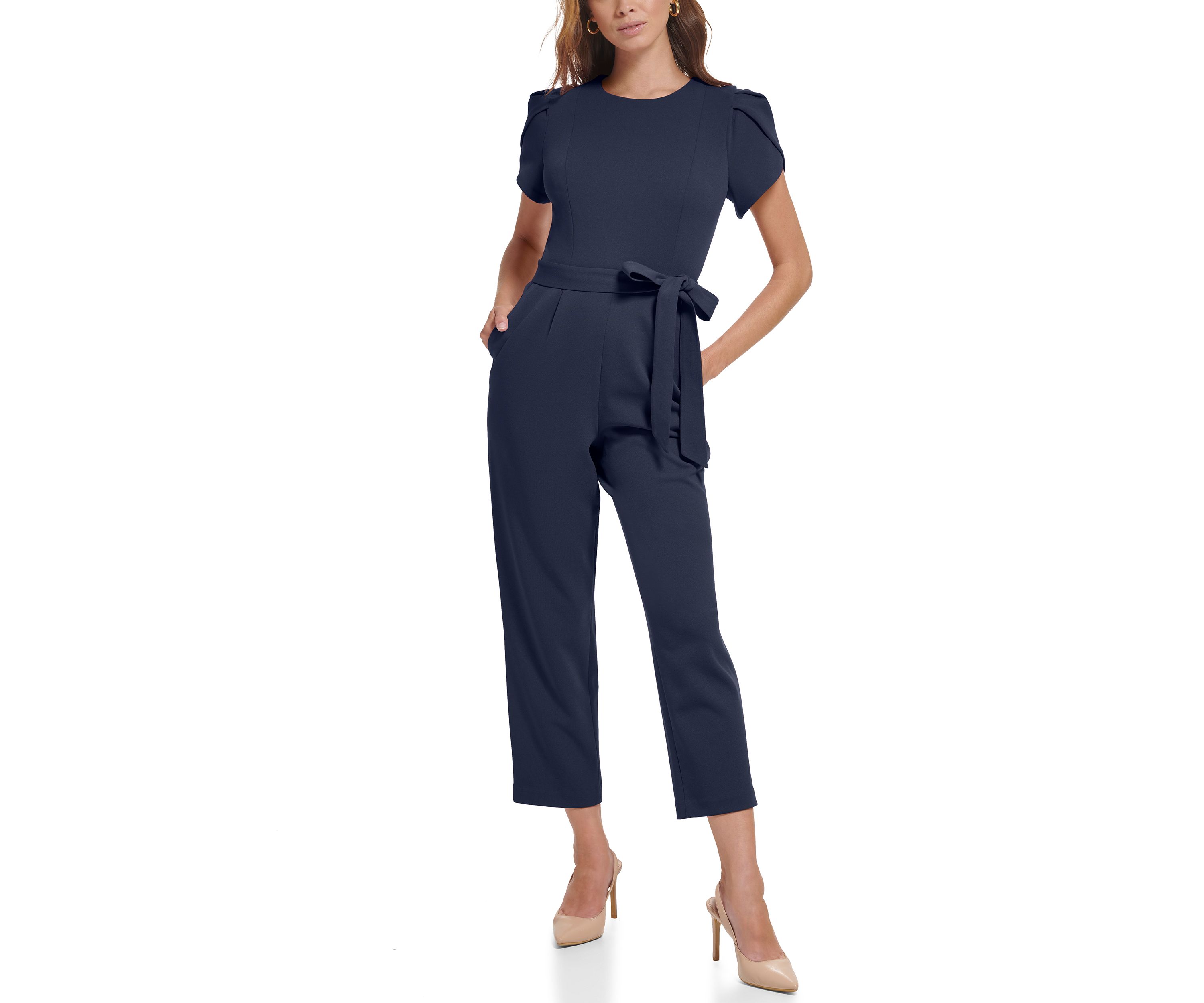 Womens Short Sleeve Boat Neck Tie Waist Solid Jumpsuit