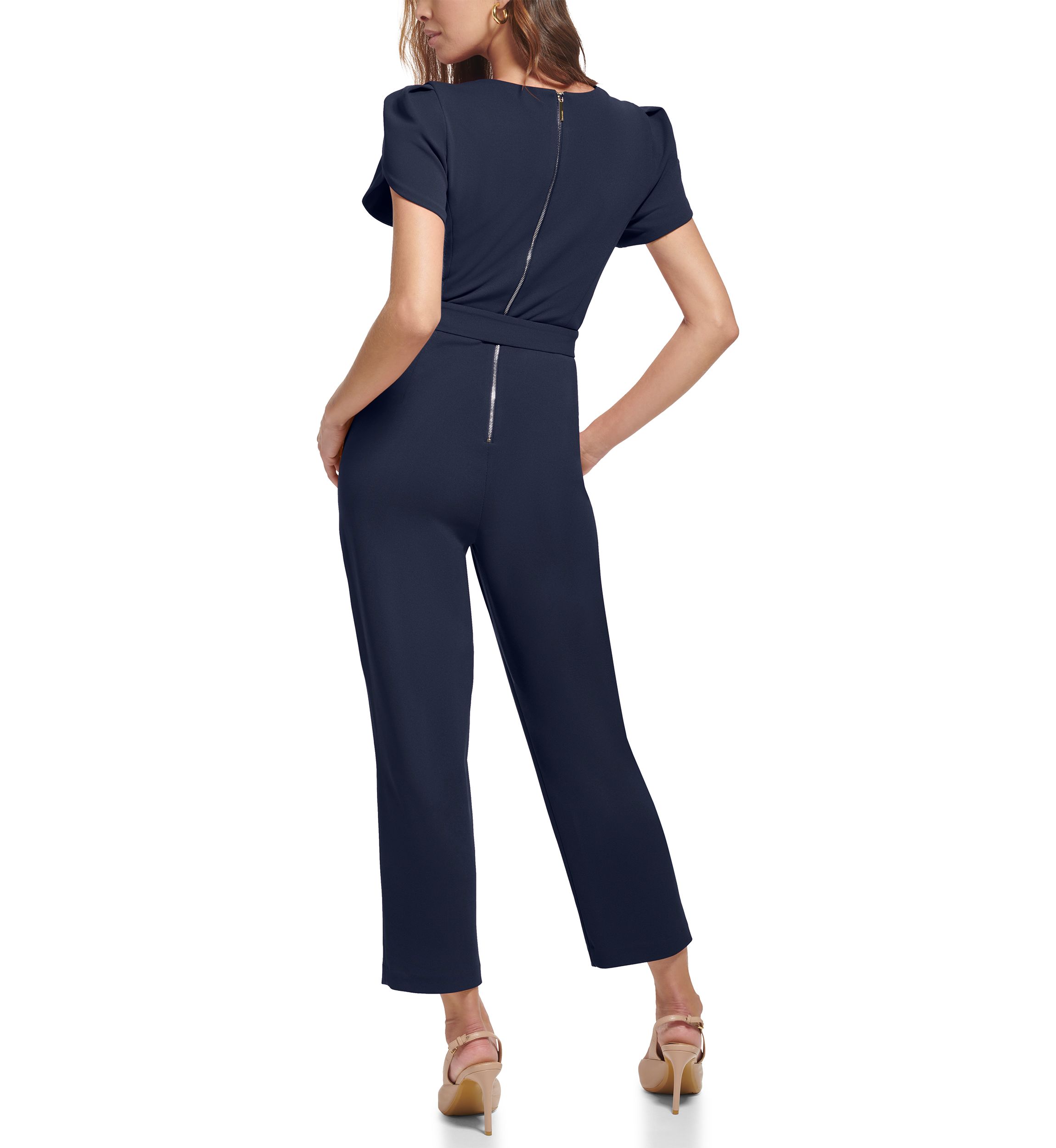 Womens Short Sleeve Boat Neck Tie Waist Solid Jumpsuit