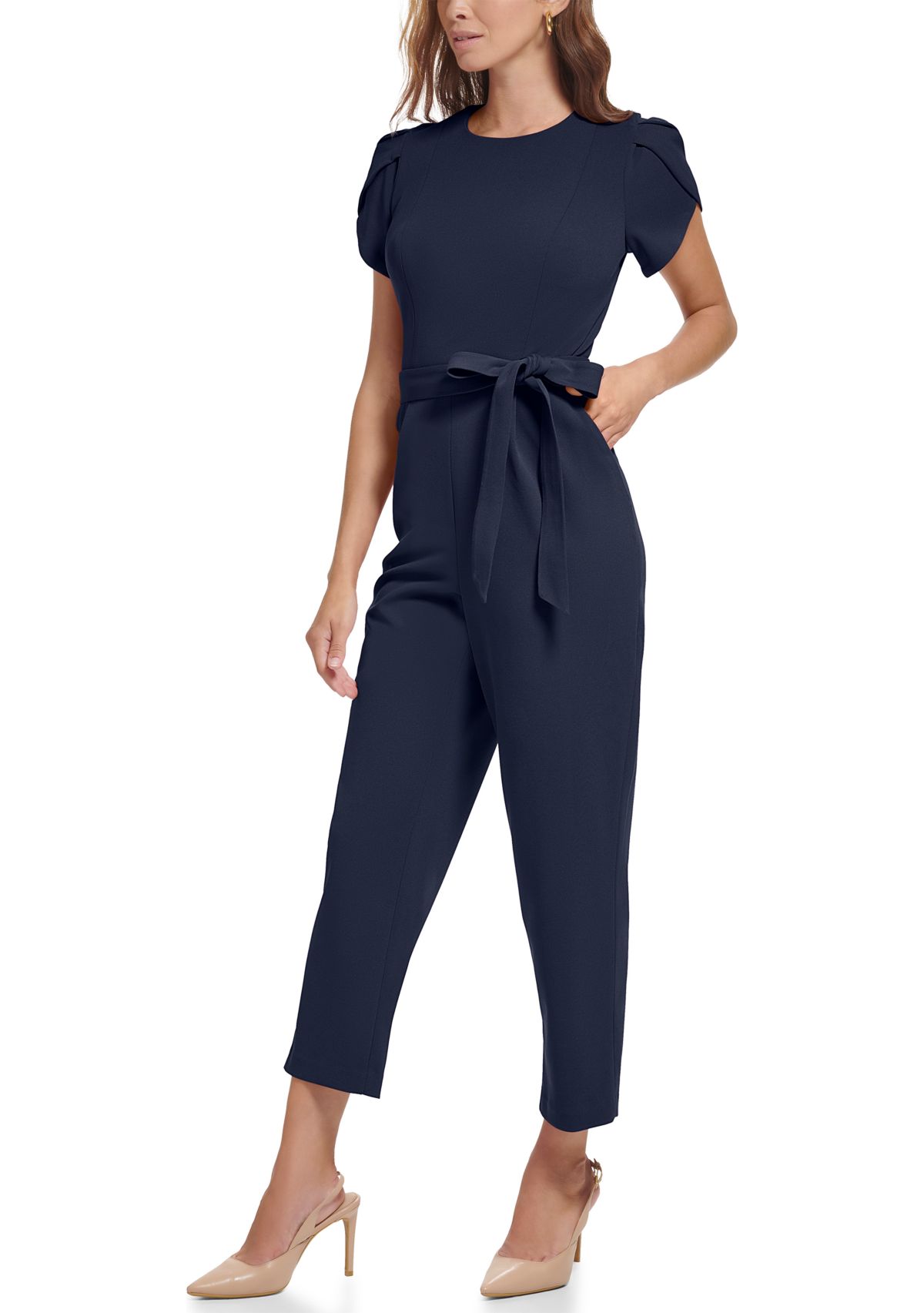 Womens Short Sleeve Boat Neck Tie Waist Solid Jumpsuit