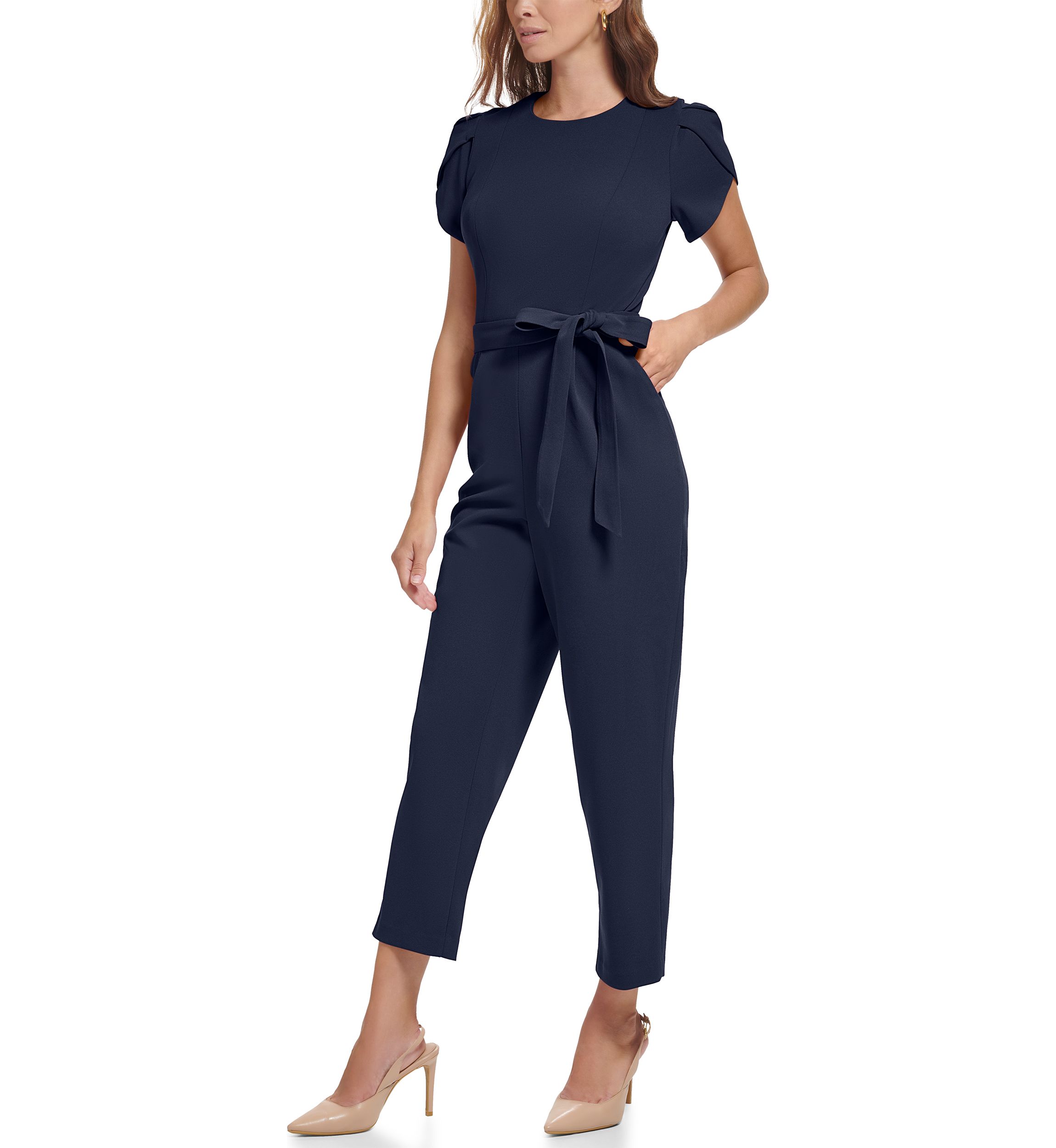 Womens Short Sleeve Boat Neck Tie Waist Solid Jumpsuit