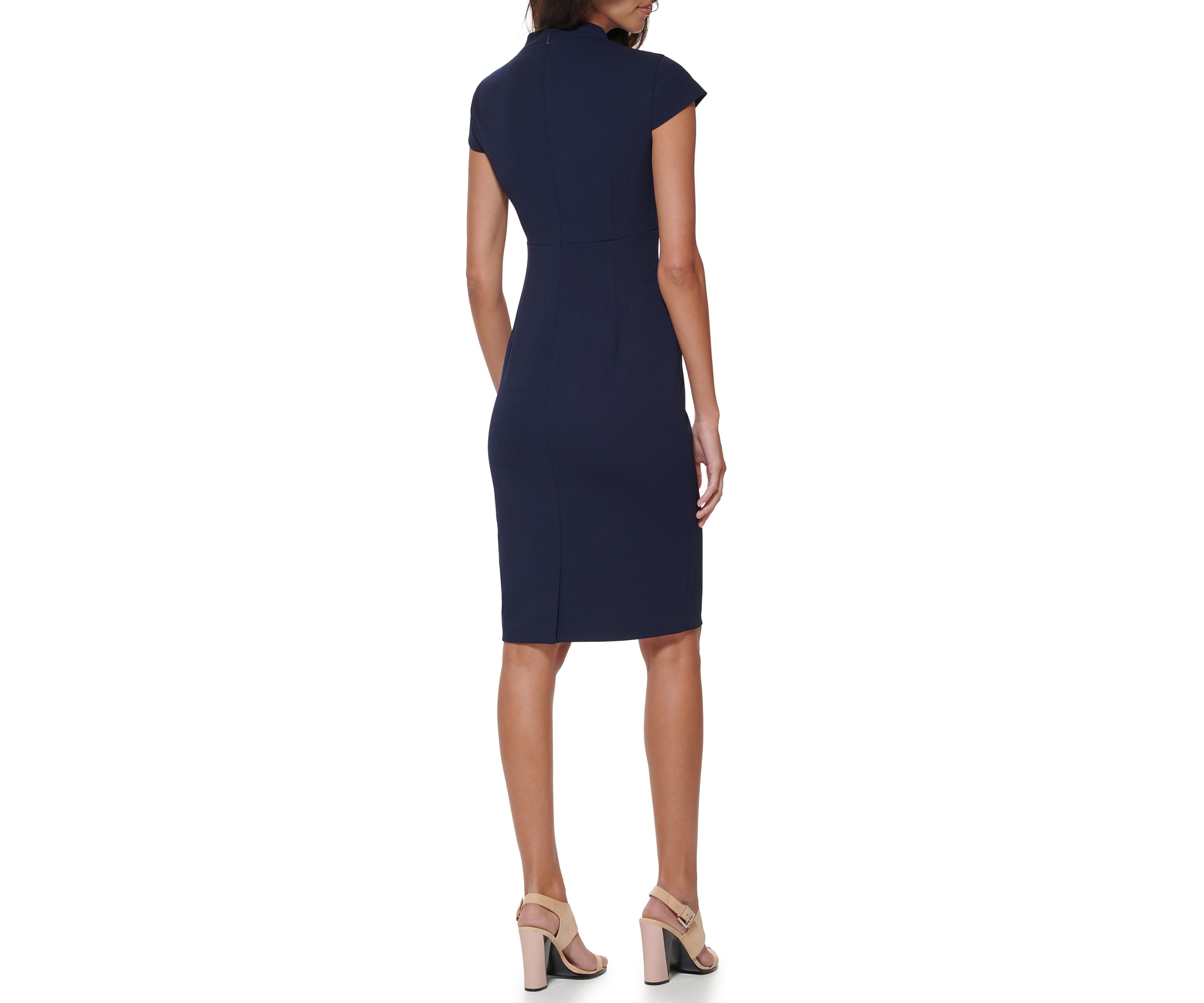 Womens Cap Sleeve V-Neck Solid Sheath Dress