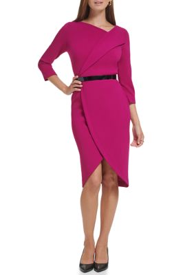 Calvin Klein Women's 3/4 Sleeve Belted Solid Sheath Midi