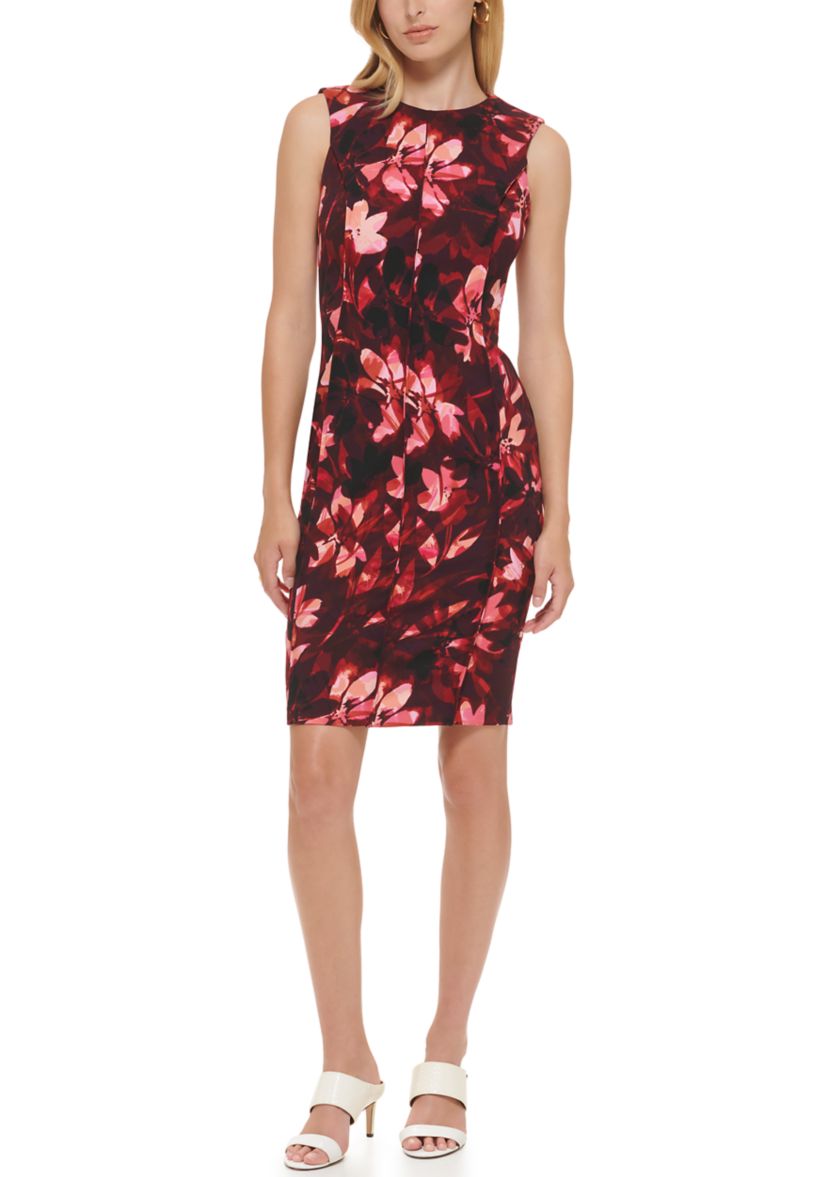 Womens Sleeveless Round Neck Printed Sheath Dress