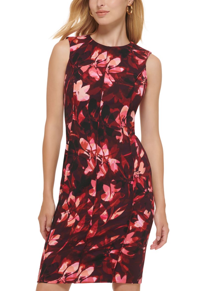 Womens Sleeveless Round Neck Printed Sheath Dress