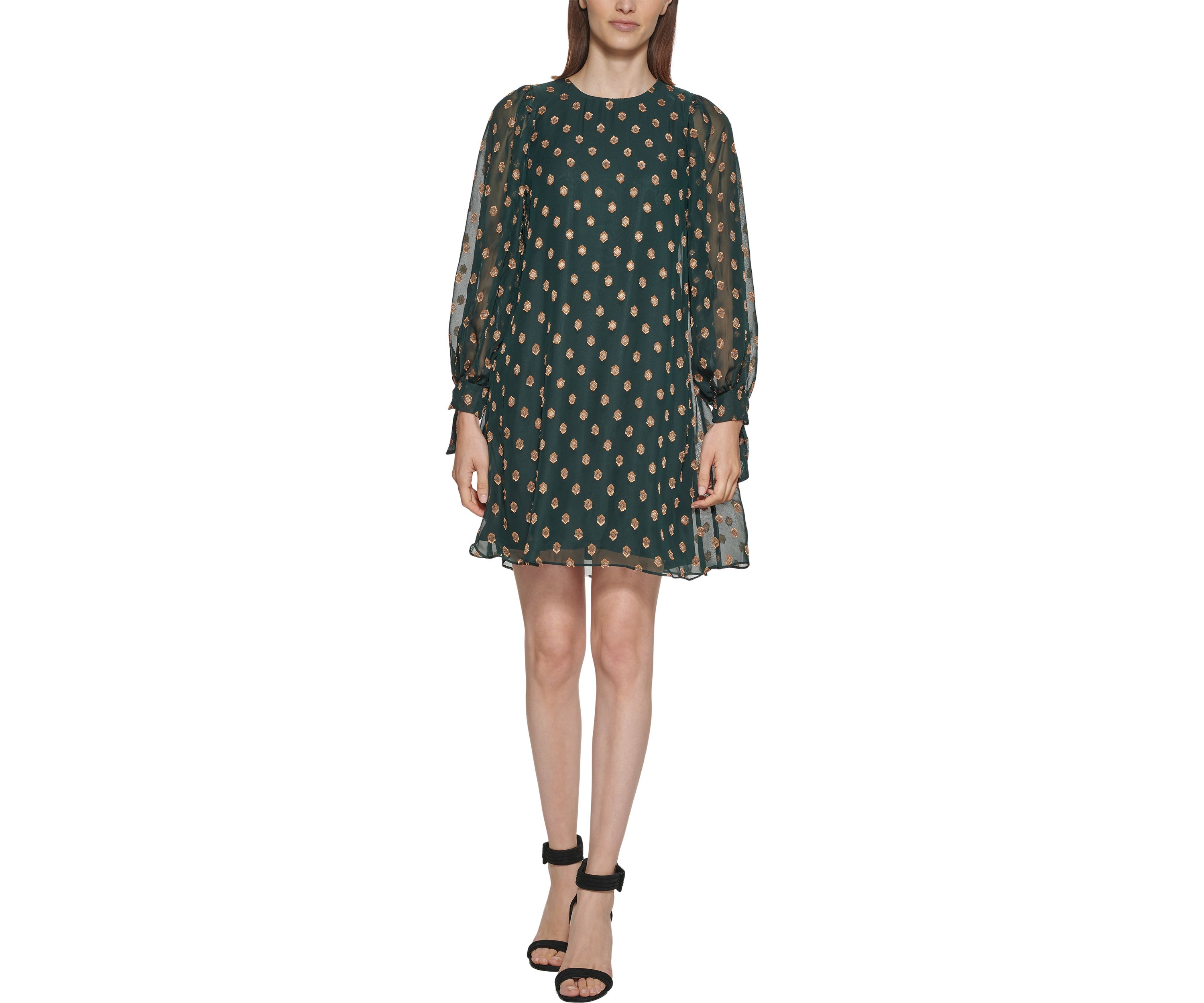 Womens Blouson Sleeve Printed Chiffon A-Line Dress