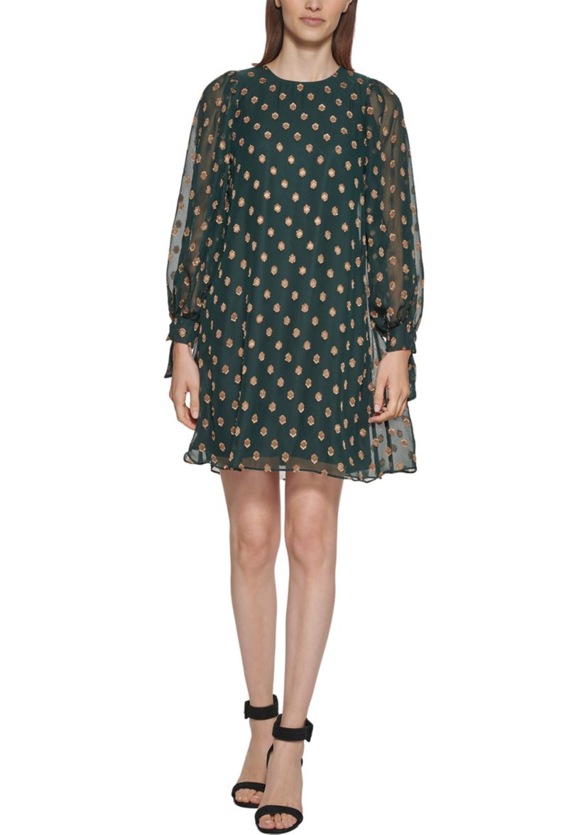 Womens Blouson Sleeve Printed Chiffon A-Line Dress
