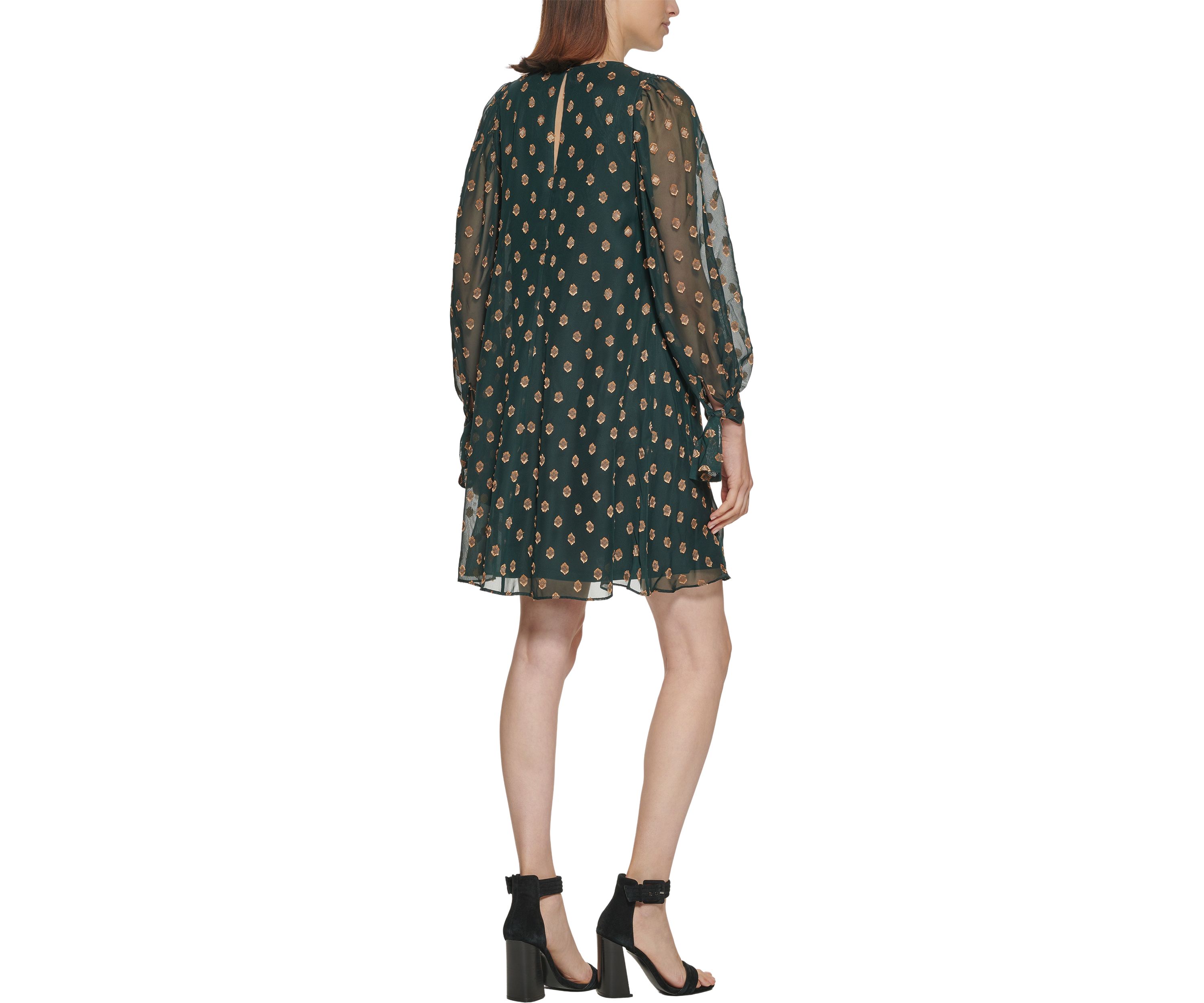 Womens Blouson Sleeve Printed Chiffon A-Line Dress