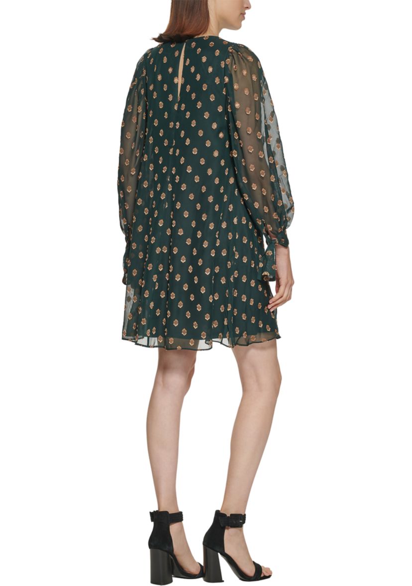 Womens Blouson Sleeve Printed Chiffon A-Line Dress