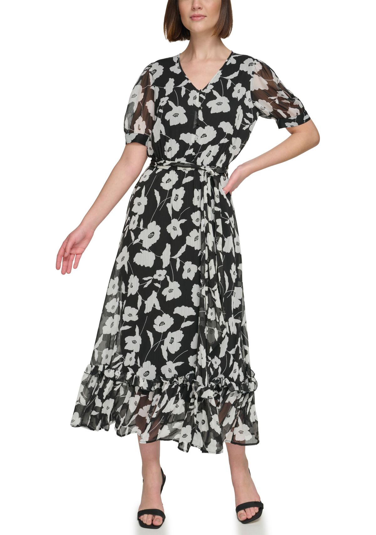 Womens Short Puff Sleeve V-Neck Tie Waist Floral Maxi Dress
