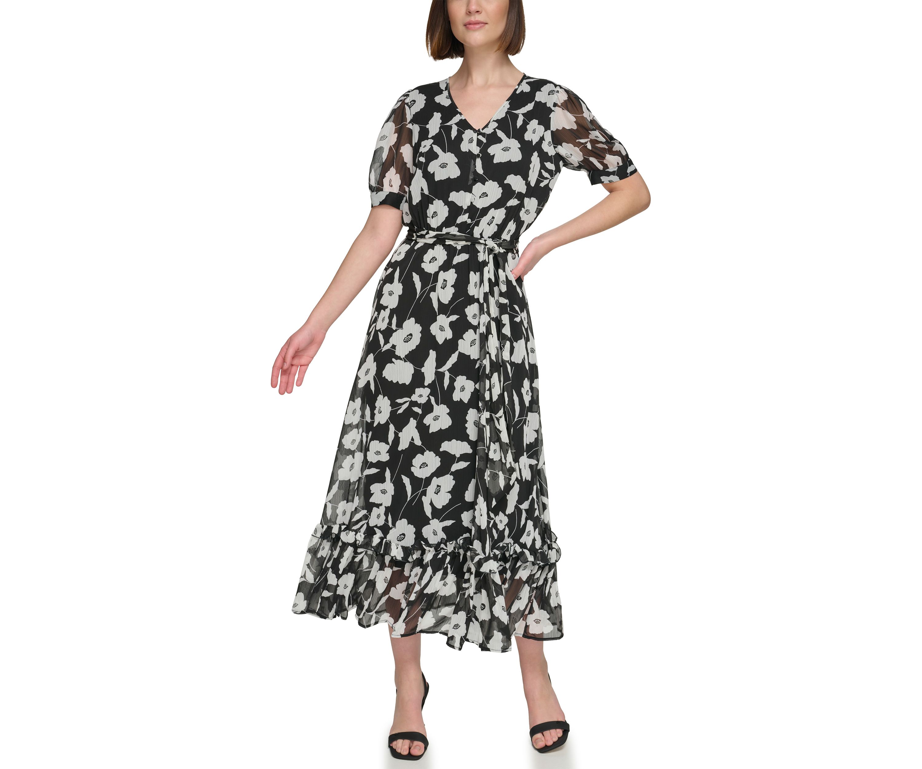 Womens Short Puff Sleeve V-Neck Tie Waist Floral Maxi Dress