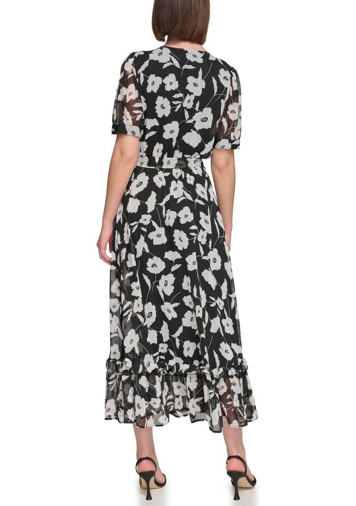 Womens Short Puff Sleeve V-Neck Tie Waist Floral Maxi Dress