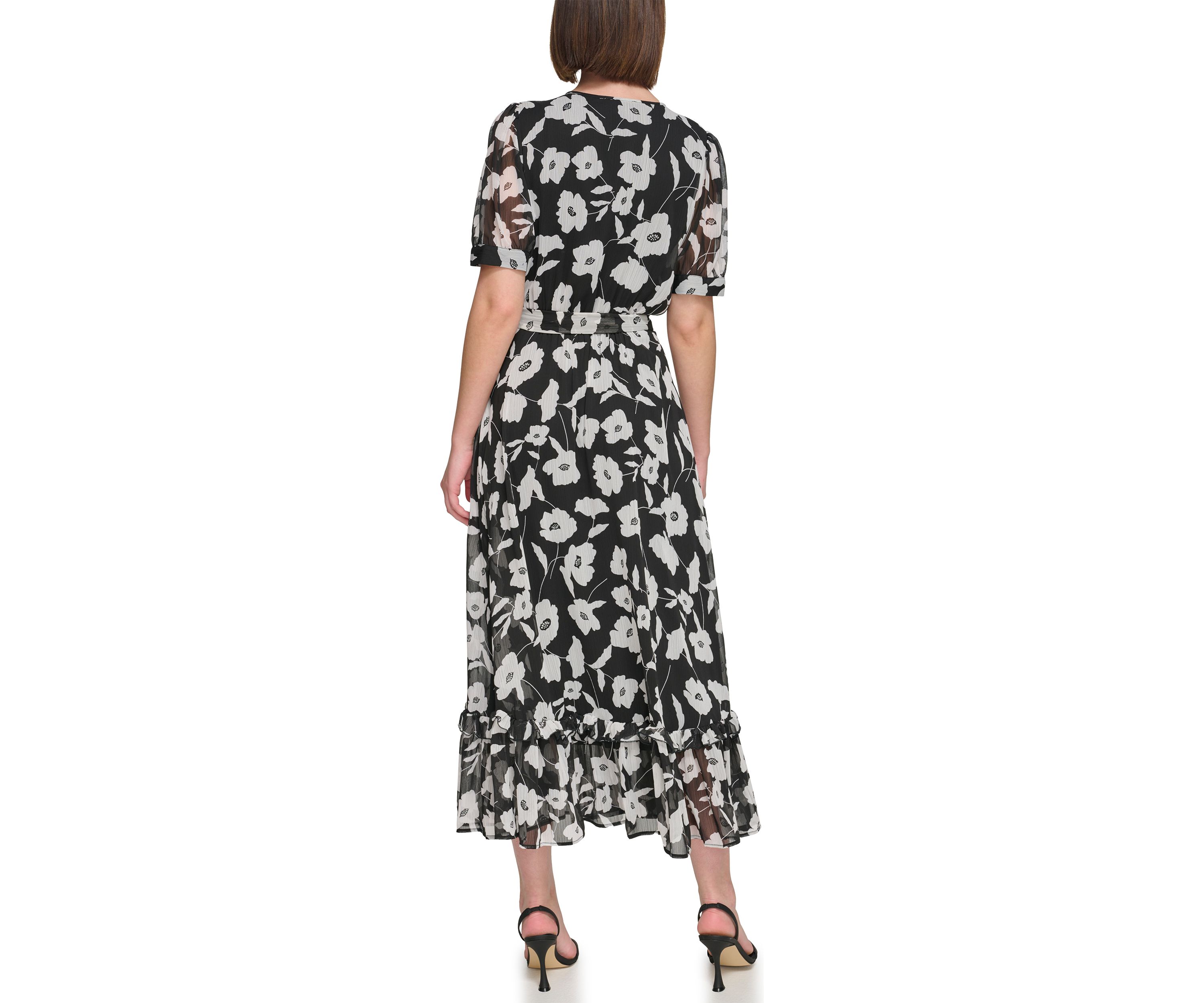 Womens Short Puff Sleeve V-Neck Tie Waist Floral Maxi Dress