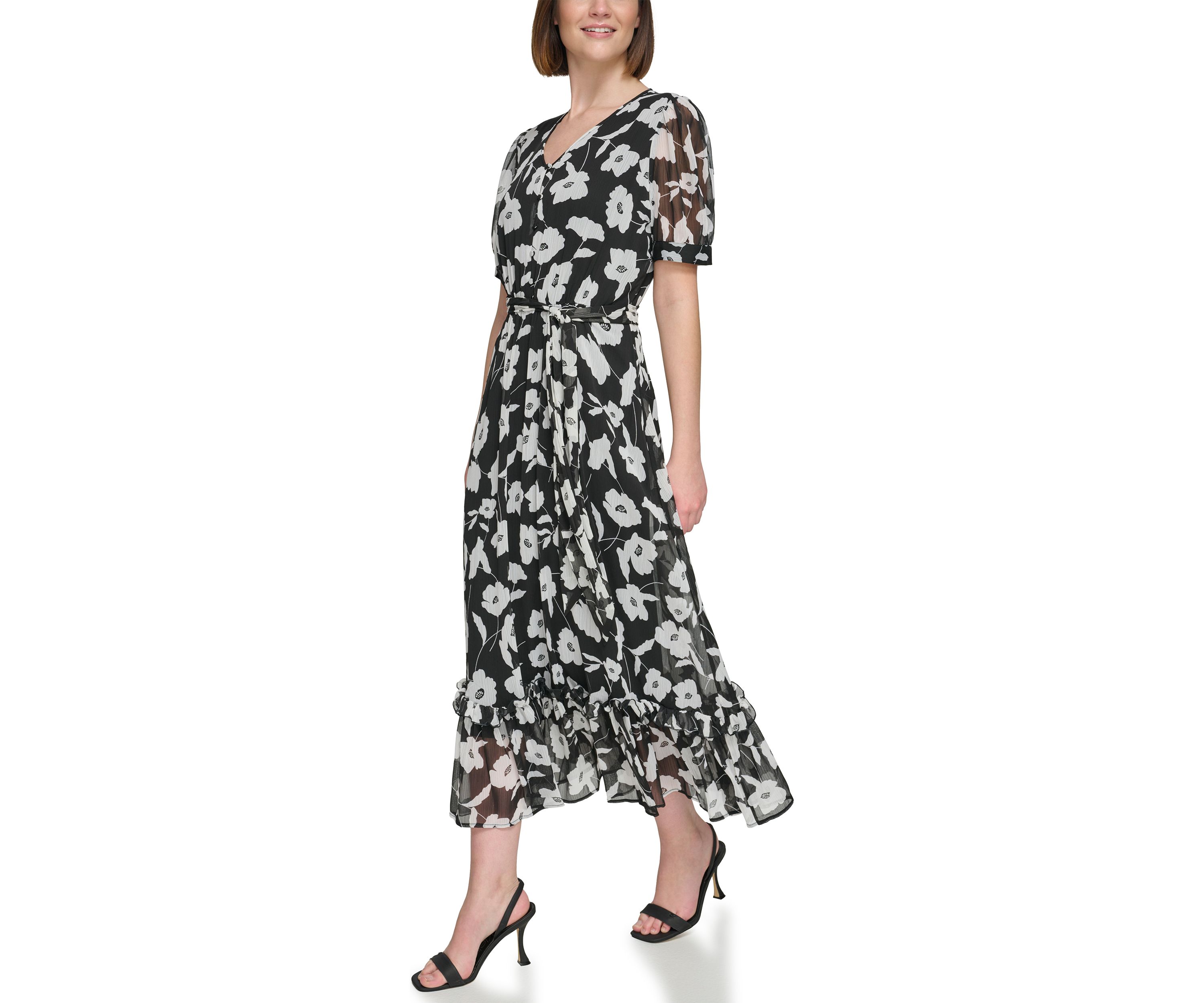 Womens Short Puff Sleeve V-Neck Tie Waist Floral Maxi Dress